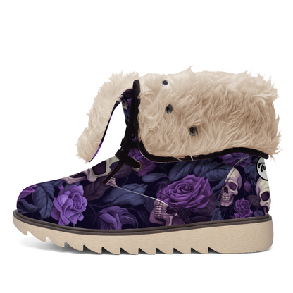 "Enchanting Treadz Winter Boots - Gothic Garden by ShitHot feature skulls and purple flowers for a gothic winter statement."