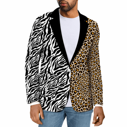 Rogue & Co. Men's Mismatch Casual Blazer- Safari featuring split design with zebra print on left side and leopard print on right side, black lapel collar, styled with white t-shirt and blue jeans