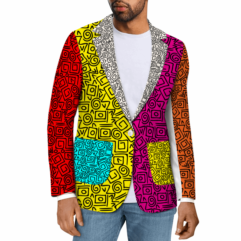 Rogue & Co. Men's Casual Blazer- Abstract Fugly featuring vibrant multicolored geometric pattern with squares, circles, and abstract shapes in red, yellow, pink, blue, and orange. White t-shirt visible underneath. Casual style for versatile wear.