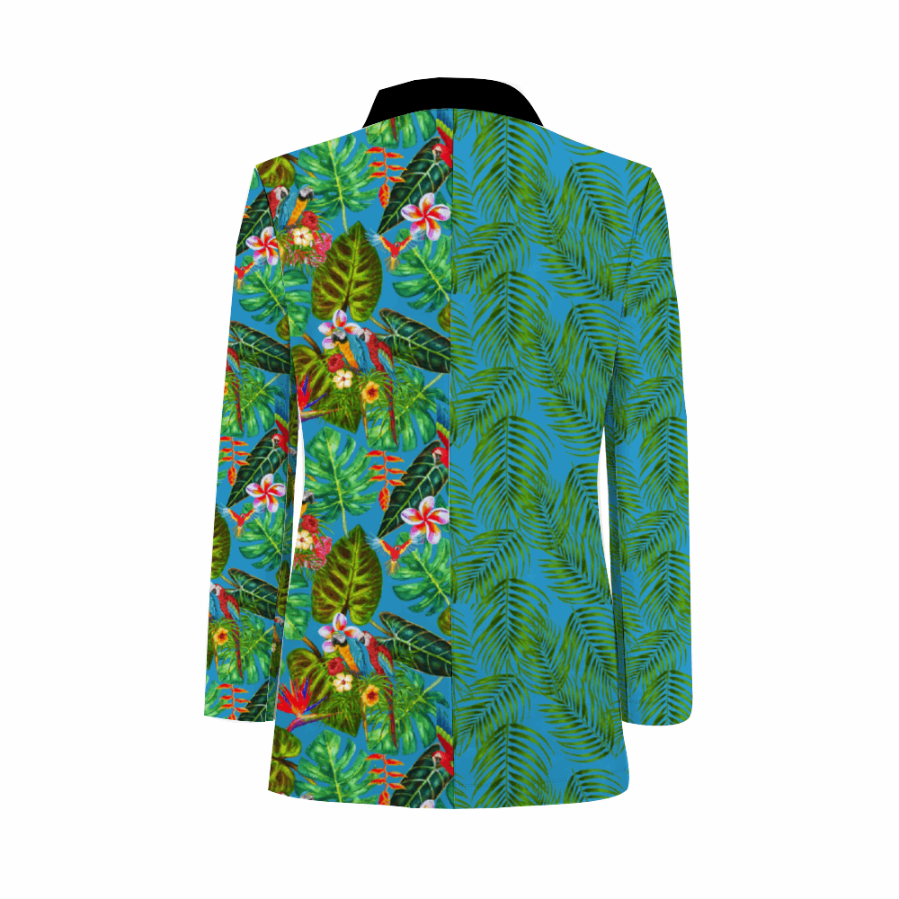 Rogue & Co. Men's Mismatch Casual Blazer - Tropicana featuring split design with palm leaves on blue background and tropical foliage with birds pattern, black lapel detail shown in back view