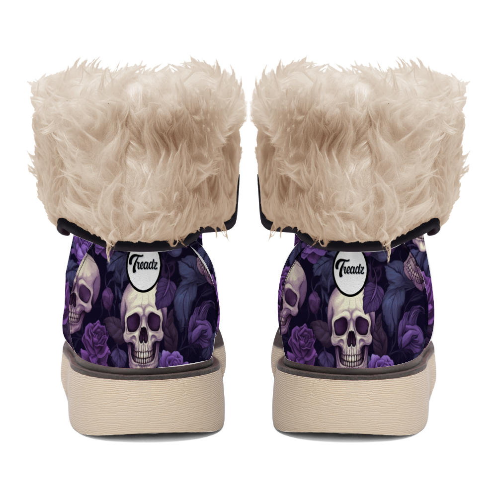 "Enchanting Treadz Winter Boots - Gothic Garden by ShitHot feature skulls and purple flowers for a gothic winter statement."