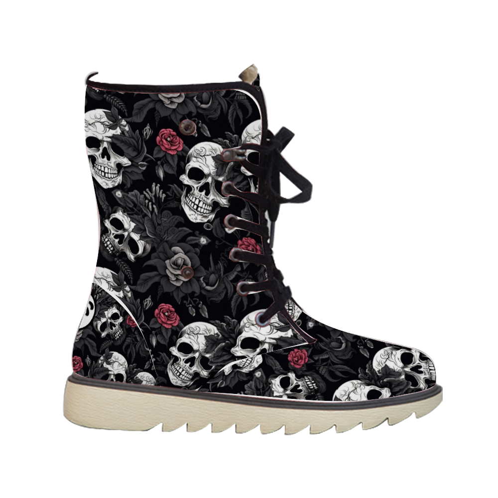 "Bold Treadz Winter Boots - Skull Rebel by ShitHot showcase striking skull and rose designs, ideal for edgy winter style."