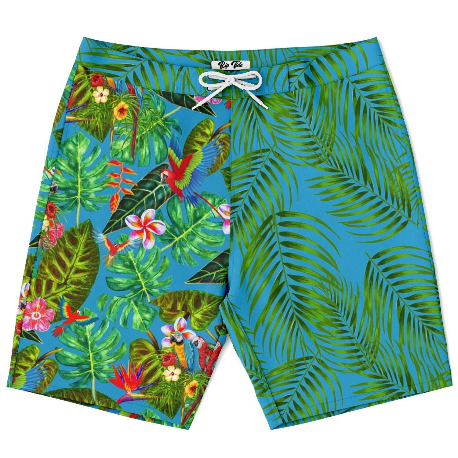 RipTide Men's Mismatch Board Shorts - Tropicana featuring split design with vibrant tropical foliage, palm leaves against blue background on one side, and colorful birds and flowers on the other, with white drawstring waistband