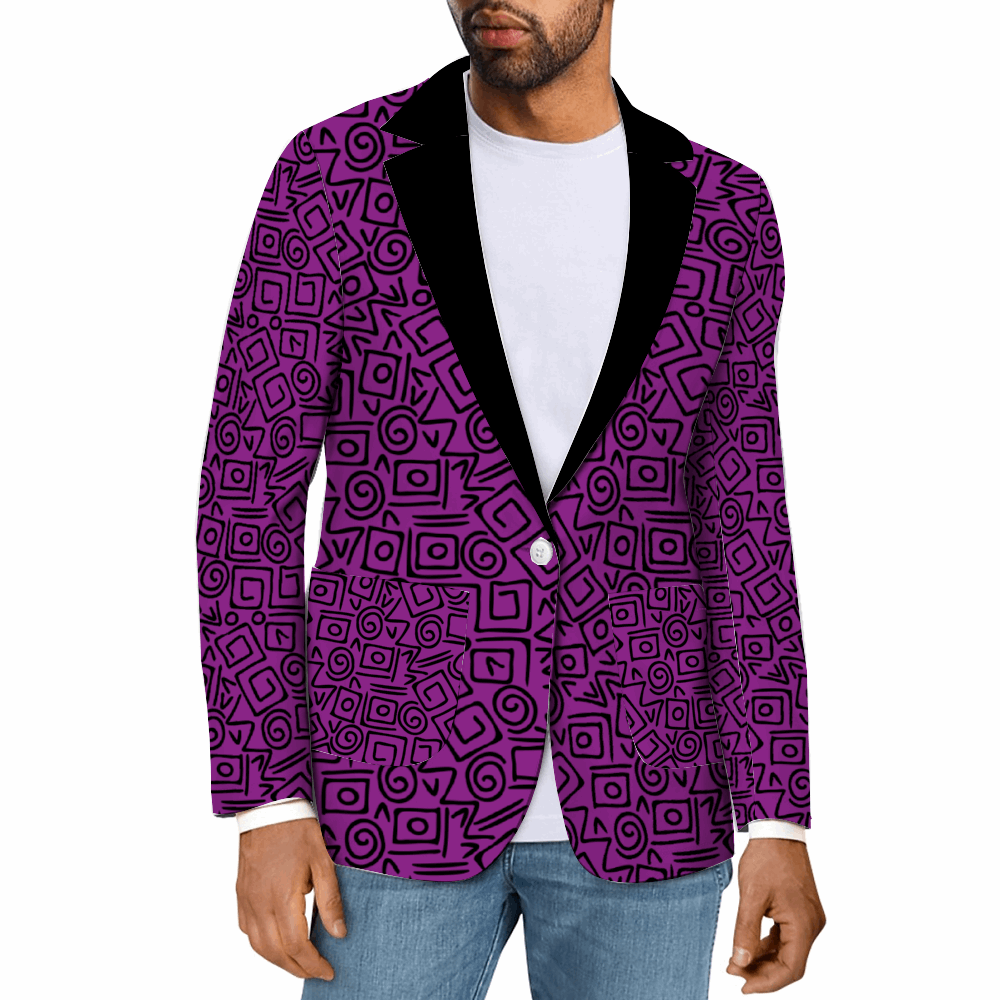 Rogue & Co. Men's Casual Blazer- Abstract Purple featuring vibrant geometric pattern in purple and black. Single-button closure, black lapels, worn with white t-shirt and jeans for a stylish casual look.