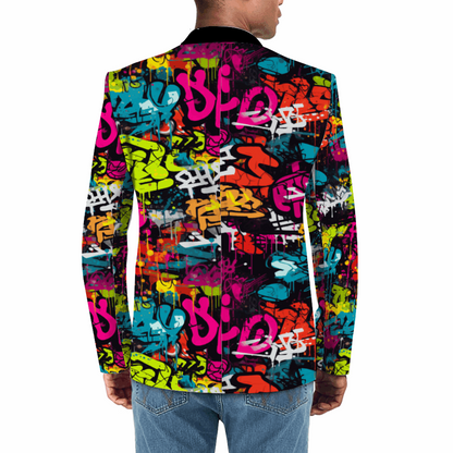 Rogue & Co. Men's Casual Blazer- Street Art featuring vibrant graffiti pattern in neon pink, yellow, blue, and orange against black background, shown from back view with tailored fit and modern urban design