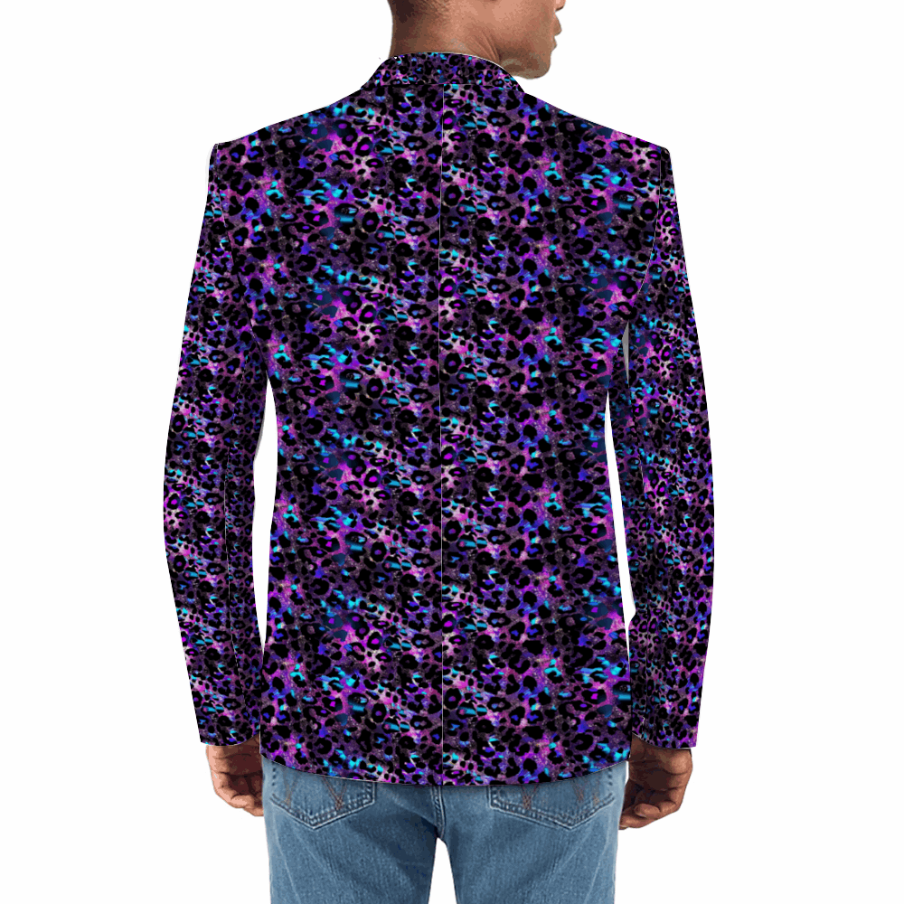 Rogue & Co. Men's Casual Blazer- Futuristic Leopard: Bold vibrant blue and purple leopard print blazer, single-breasted design, worn with jeans for casual style, showcasing trendy and eye-catching fashion statement for men