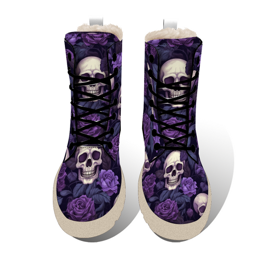 "Enchanting Treadz Winter Boots - Gothic Garden by ShitHot feature skulls and purple flowers for a gothic winter statement."