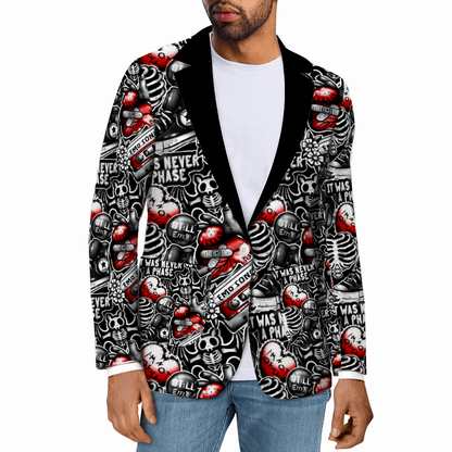 Rogue & Co. Men's Casual Blazer- Emo Vibes featuring bold black and white skeleton print with red accents, worn by model with white shirt and jeans, showcasing unique design and versatile styling for casual and semi-formal occasions.