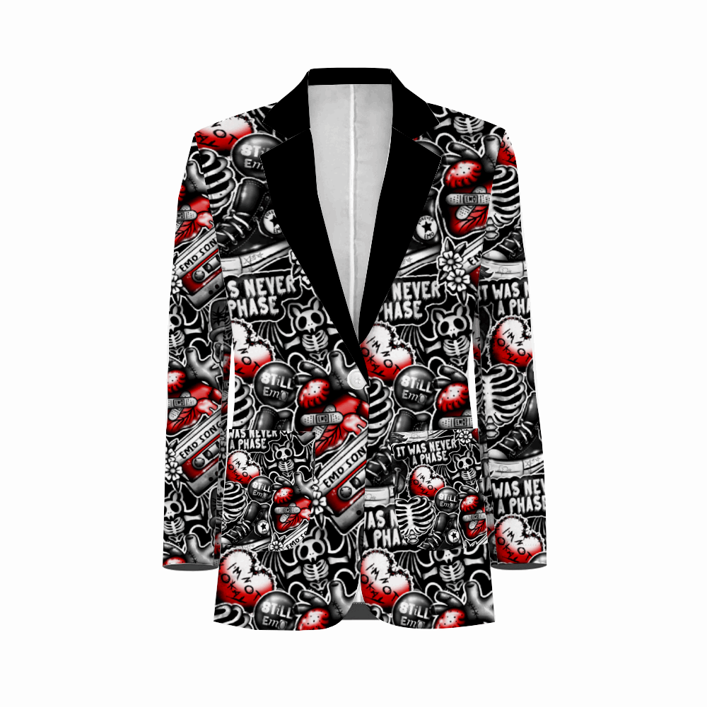 Rogue & Co. Men's Casual Blazer- Emo Vibes featuring a striking black and white skeleton print with red accents, showcasing a unique and bold design for style-conscious individuals seeking a statement piece for various occasions.