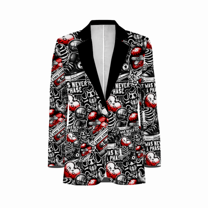 Rogue & Co. Men's Casual Blazer- Emo Vibes featuring a striking black and white skeleton print with red accents, showcasing a unique and bold design for style-conscious individuals seeking a statement piece for various occasions.