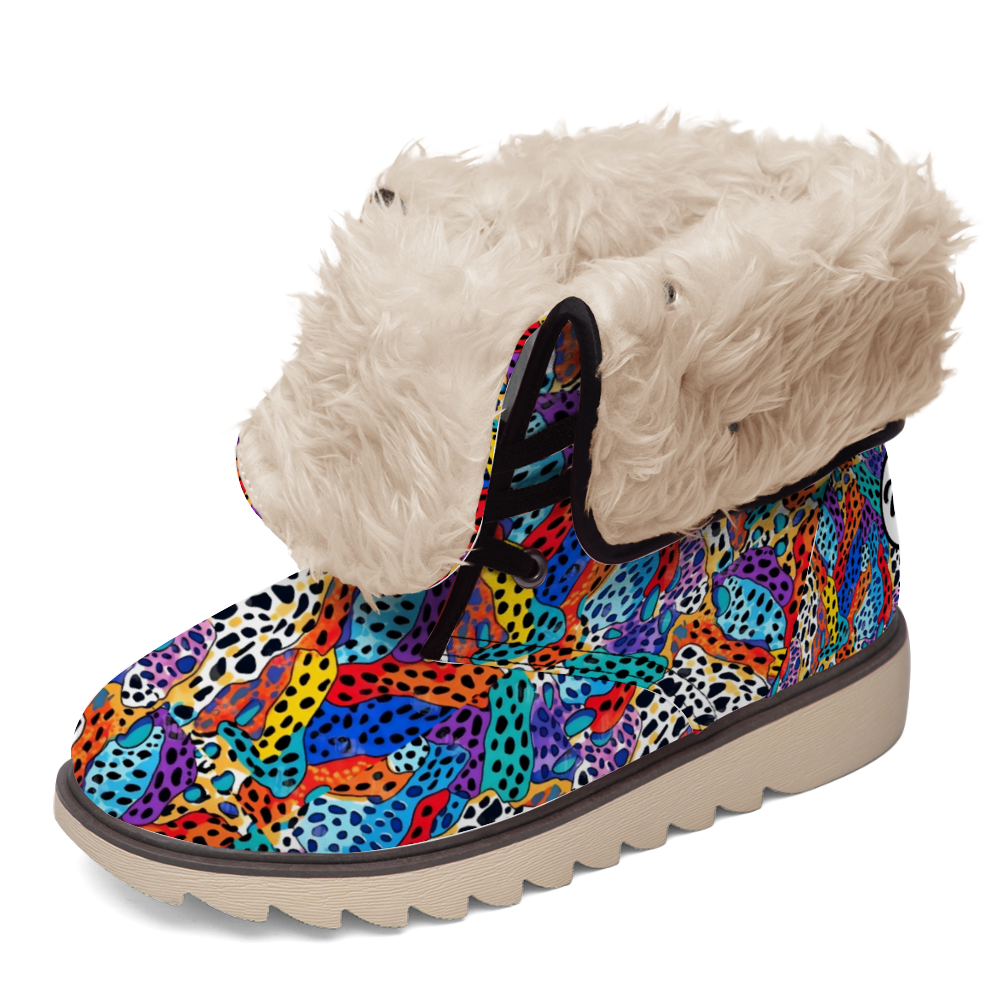 "Shop ShitHot Treadz Winter Boots - Wild Cheetah with bold neon print, luxurious velvet, and cozy fur lining."