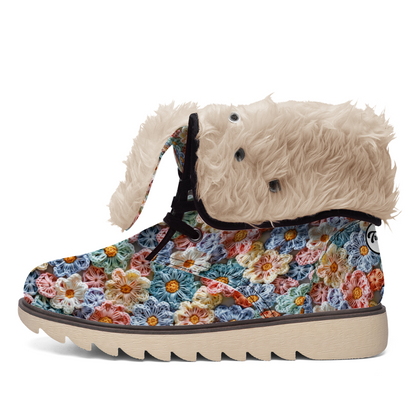 "ShitHot Treadz Winter Unisex Boots - The Posy with crochet flower design, mercerized velvet, and cozy fur lining."