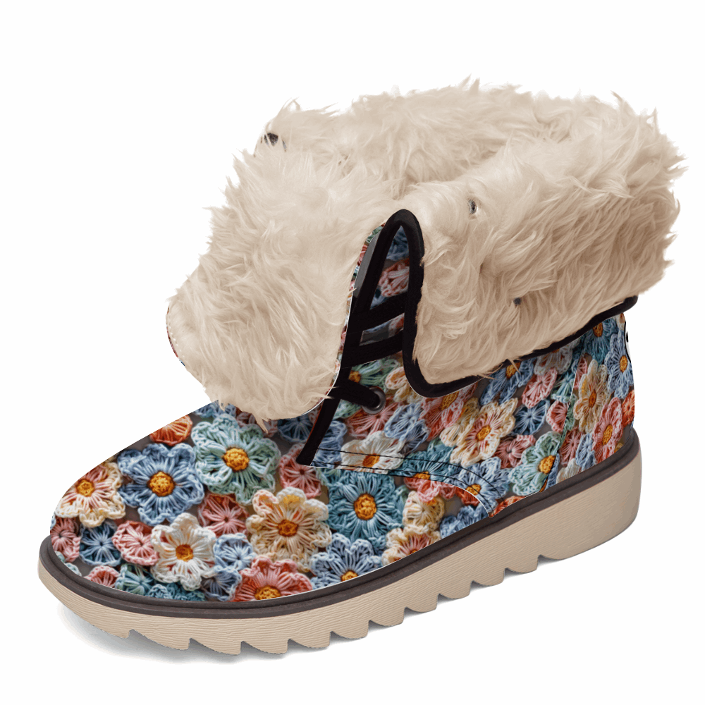 "ShitHot Treadz Winter Unisex Boots - The Posy with crochet flower design, mercerized velvet, and cozy fur lining."