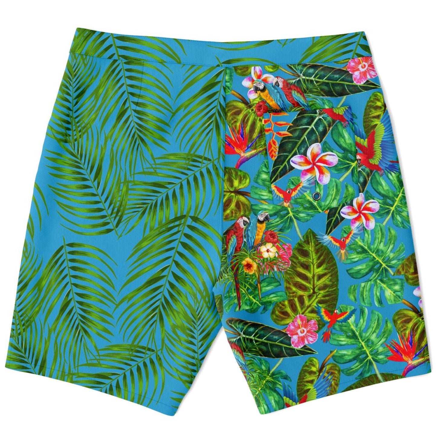 RipTide Men's Mismatch Board Shorts - Tropicana featuring split design with green palm leaves on blue background on one side and vibrant tropical foliage with exotic birds and flowers on the other side, perfect for beach and pool wear