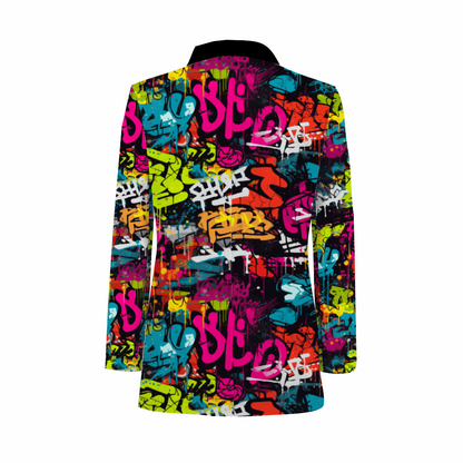 Rogue & Co. Men's Casual Blazer featuring vibrant street art pattern with graffiti-style design in neon pink, yellow, blue, and orange colors against black background, showcasing urban contemporary fashion aesthetic with black collar detail.