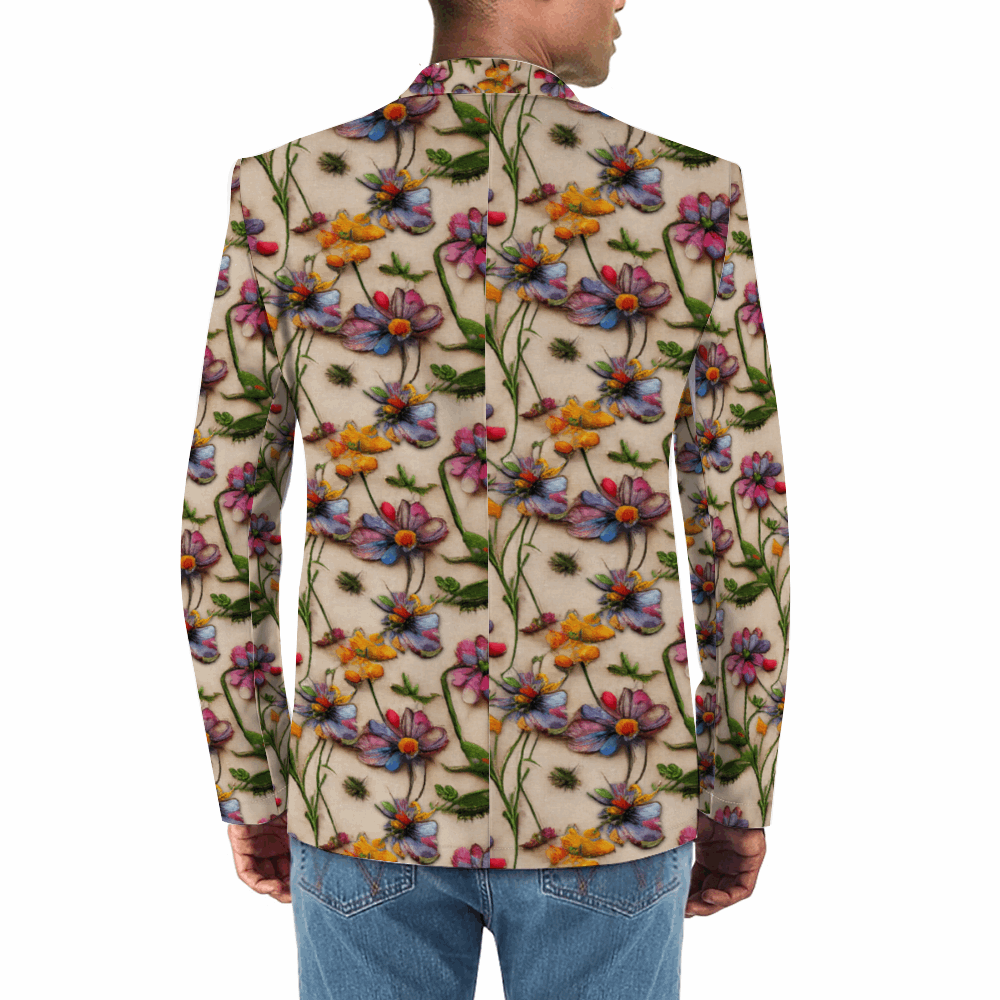 Rogue & Co. Men's Casual Blazer- Wildflower featuring vibrant floral print with colorful daisies, creating a 3D illusion effect. Tailored fit showcases playful yet stylish design, perfect for casual and semi-formal occasions.