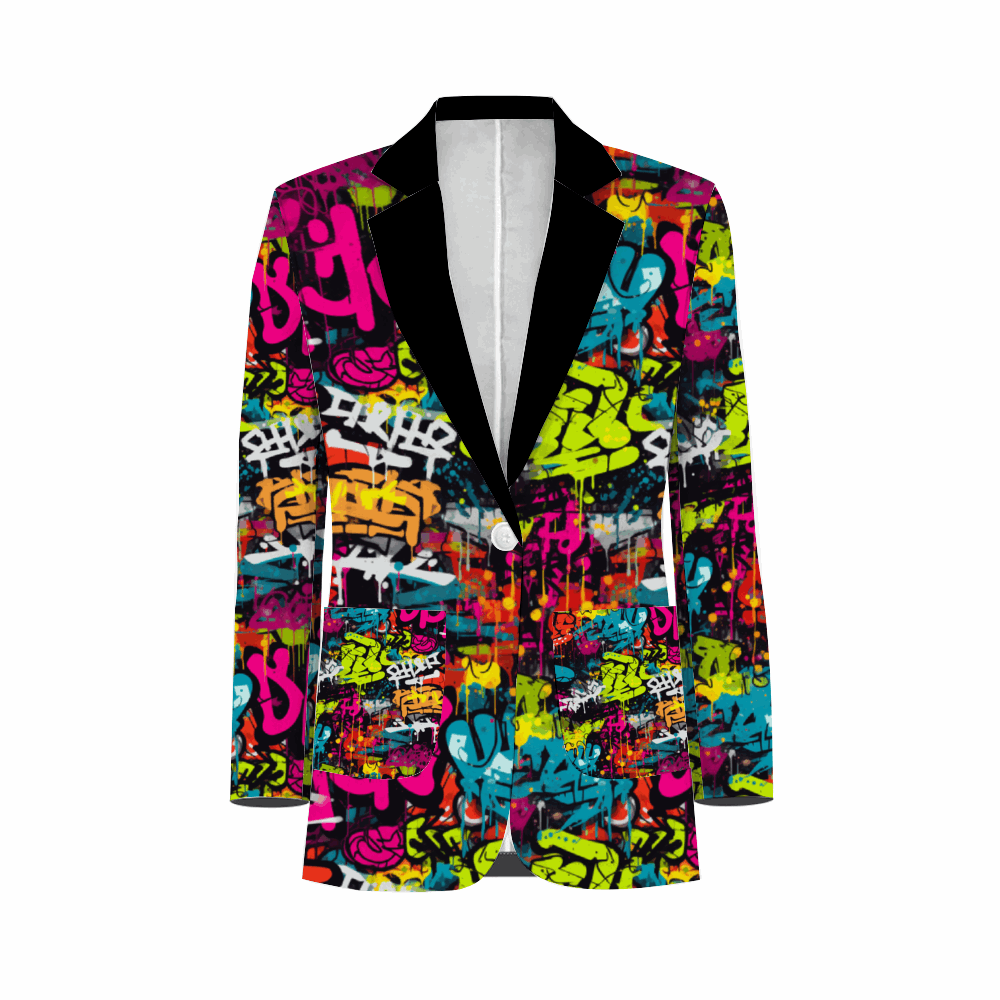 Rogue & Co. Men's Casual Blazer- Street Art: Stylish blazer featuring vibrant graffiti-inspired print in neon pink, yellow, blue, and green against black lapels, creating an urban artistic statement piece perfect for contemporary fashion.