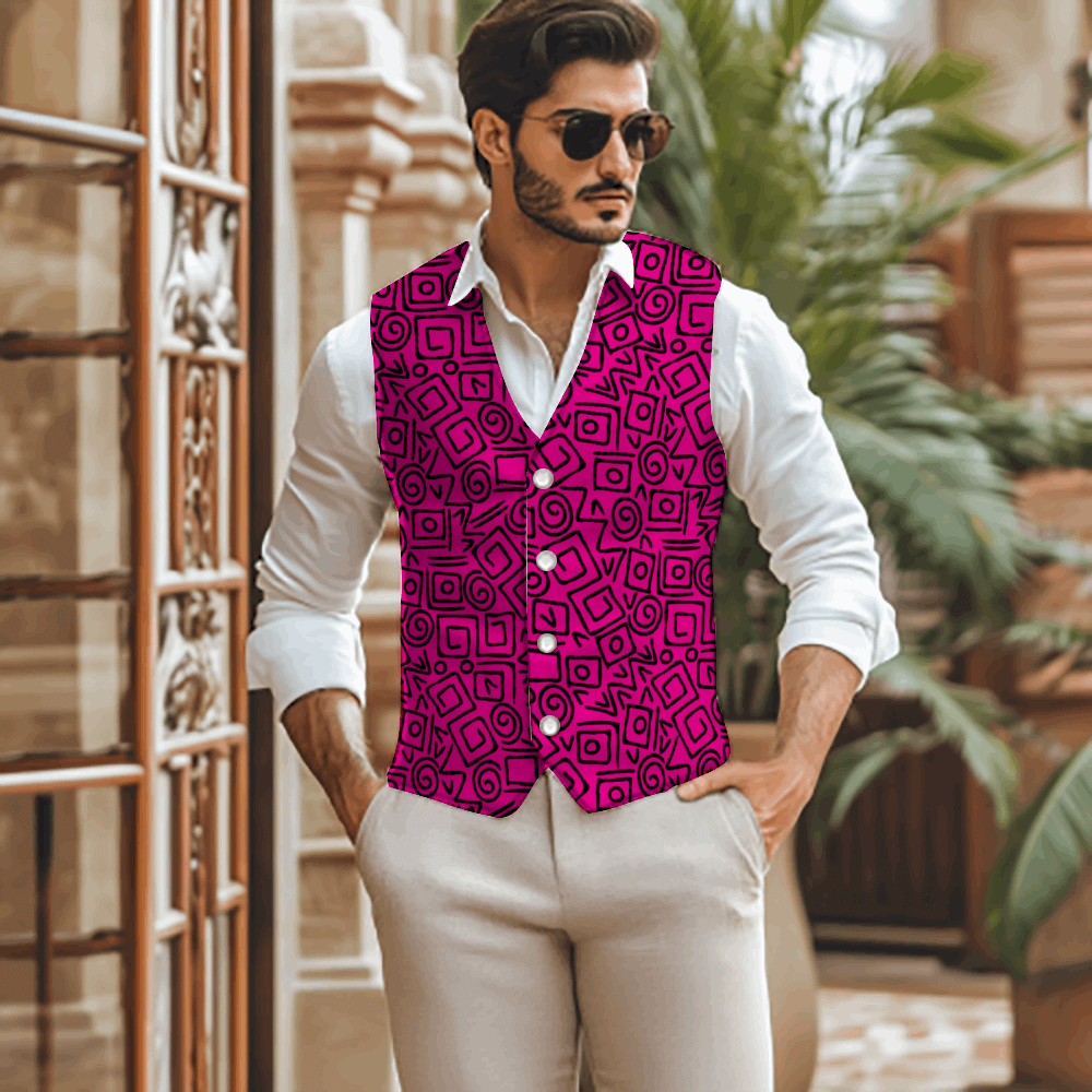 Man in a vibrant pink abstract patterned vest, showcasing bold style and elegance for any occasion.