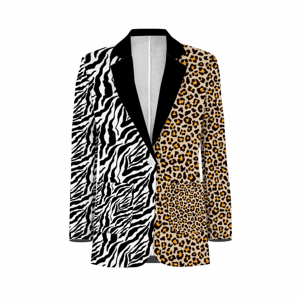 Rogue & Co. Men's Mismatch Casual Blazer- Safari featuring bold split design with zebra print on left side and leopard print on right side, accented with black lapel collar, creating a unique modern fashion statement.