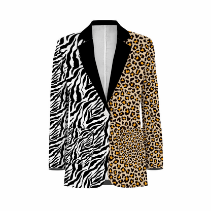 Rogue & Co. Men's Mismatch Casual Blazer- Safari featuring bold split design with zebra print on left side and leopard print on right side, accented with black lapel collar, creating a unique modern fashion statement.