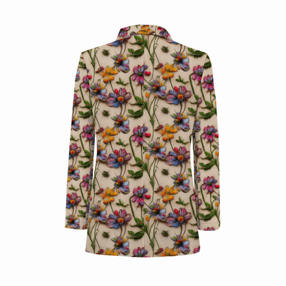 Rogue & Co. Men's Casual Blazer- Wildflower featuring vibrant 3D floral print on beige background. Colorful daisy-like flowers in pink, blue, and orange with green stems create a lively pattern across the entire blazer, showcasing a stylish and nature-inspired design.