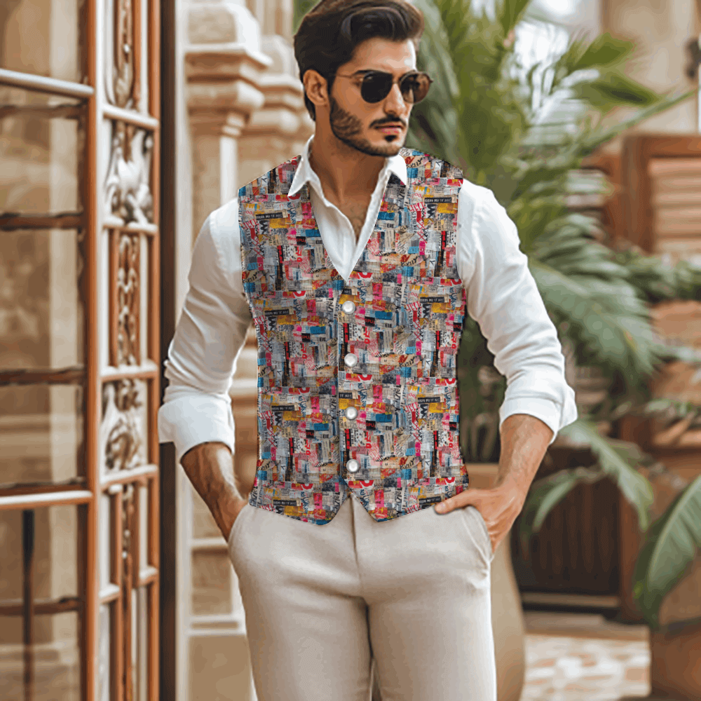 Eye-catching men's waistcoat featuring a unique newspaper print. Great for dressing up or down while staying comfy all day. Theshithotcompany