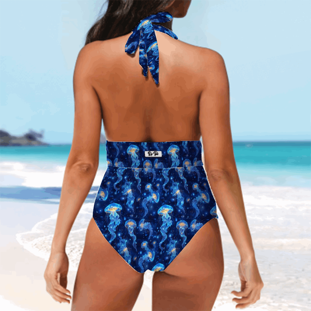 Rip Tide Tankini Halterneck One Piece – Celestial Jellies .Mesmerizing jellyfish tankini by ShitHot, featuring neon prints for a standout beach look. theshithotcompany