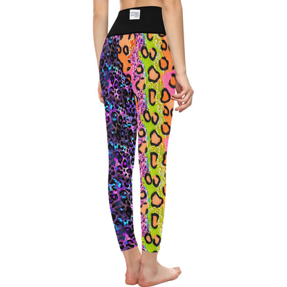 High Waisted Mismatch Core FX Leggings in Modern Leopard design featuring split pattern with vibrant neon yellow and multicolor leopard print on each leg, black high waistband, form-fitting silhouette shown from back view on display