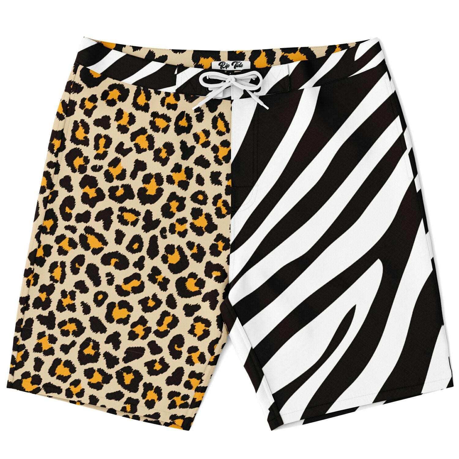 Rip Tide Men's Mismatch Board Shorts featuring unique split design with leopard print on one side and zebra stripes on the other, complete with white drawstring and mesh-lined pockets against safari-inspired animal patterns