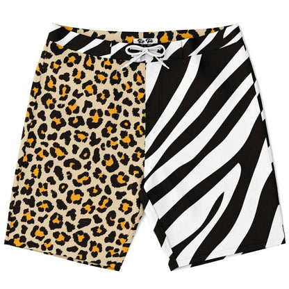 Rip Tide Men's Mismatch Board Shorts featuring unique split design with leopard print on one side and zebra stripes on the other, complete with white drawstring and mesh-lined pockets against safari-inspired animal patterns