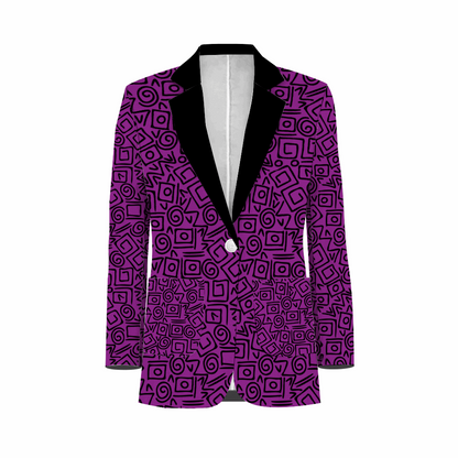 Rogue & Co. Men's Casual Blazer- Abstract Purple featuring vibrant geometric pattern in purple and black. Single-buttoned jacket with black lapels and a tailored fit, showcasing a bold and stylish design for fashion-forward individuals.