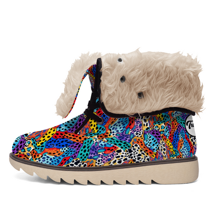 "Shop ShitHot Treadz Winter Boots - Wild Cheetah with bold neon print, luxurious velvet, and cozy fur lining."