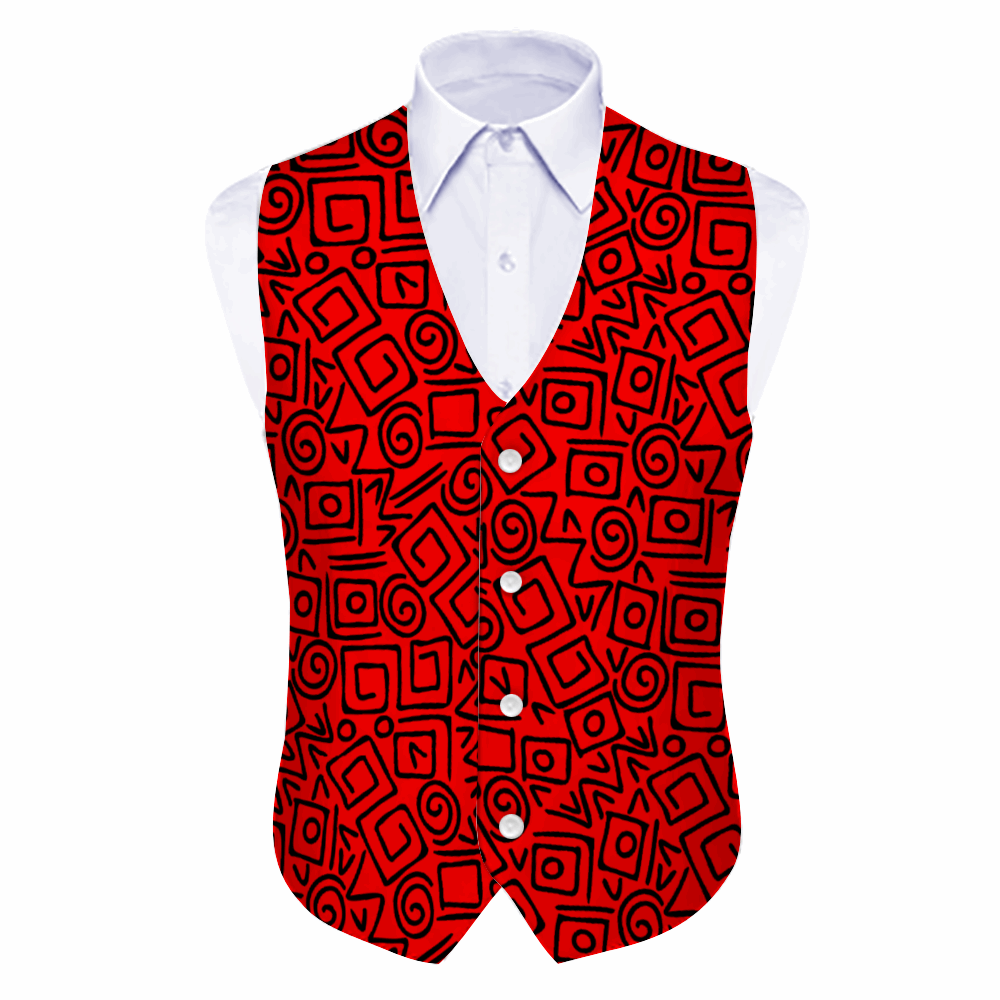 Rogue & Co Woven Fabric Vest – Abstract Red displayed on a white shirt. Vibrant red vest with black abstract geometric pattern featuring squares, spirals, and zigzags. Four white buttons. Stylish and eye-catching design perfect for making a bold fashion statement.