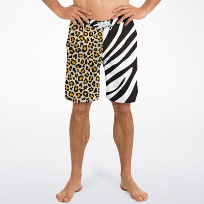 Rip Tide Men's Mismatch Board Shorts featuring split design with leopard print on left side and zebra stripes on right side, elastic waistband with drawstring, three pockets, perfect for beach and pool wear