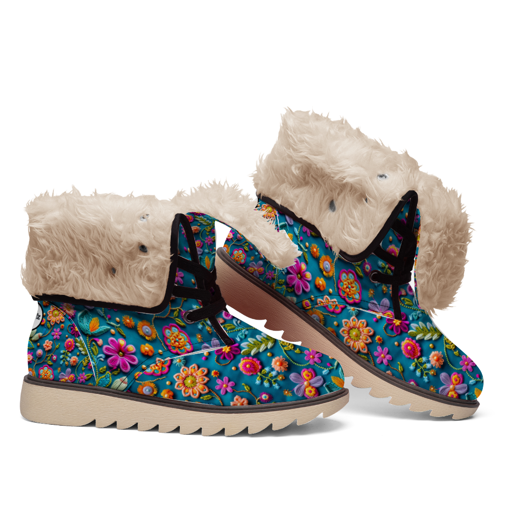 "Stylish Treadz Winter Boots - Petal Pop by ShitHot feature vibrant flower prints and luxurious velvet, perfect for winter."