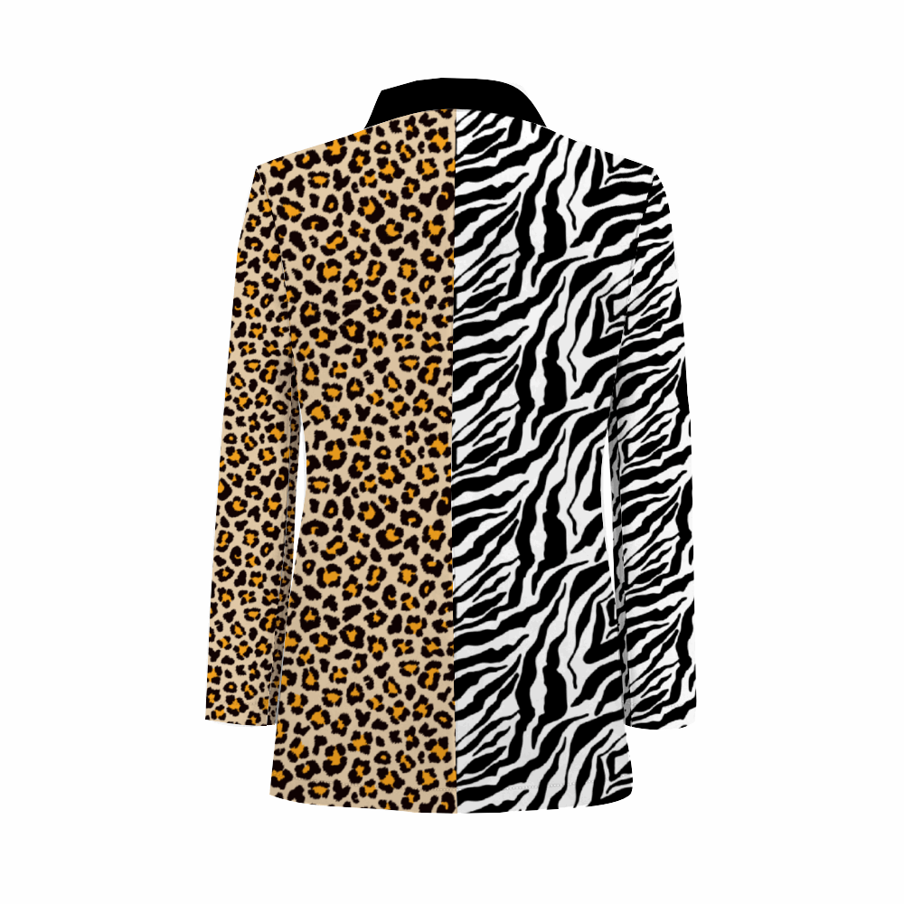 Rogue & Co. Men's Mismatch Casual Blazer- Safari featuring split design with leopard print on left side and zebra print on right side, with black lapel collar, creating a bold statement piece