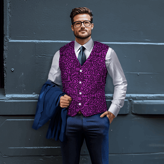 Man in a purple abstract patterned vest by Rogue & Co, showcasing a stylish and bold fashion statement.