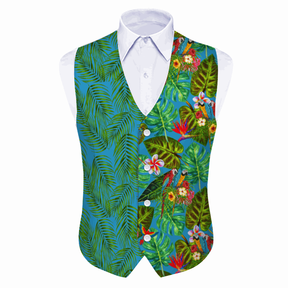 Rogue & Co Mismatch Woven Fabric Vest - Tropicana featuring a unique split design with green palm leaves on blue background on left side and vibrant tropical foliage with colorful birds on right side, styled with white dress shirt