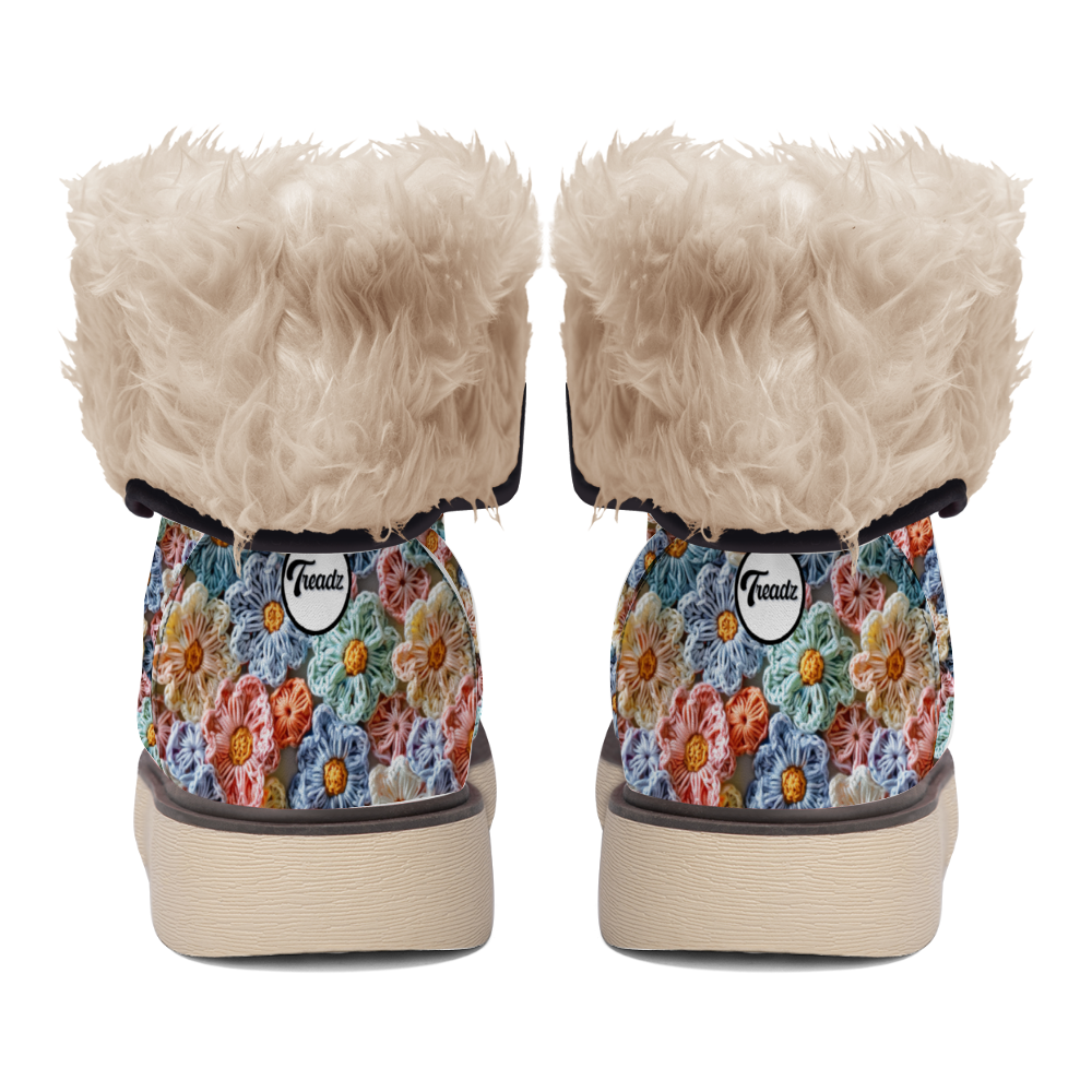 "ShitHot Treadz Winter Unisex Boots - The Posy with crochet flower design, mercerized velvet, and cozy fur lining."