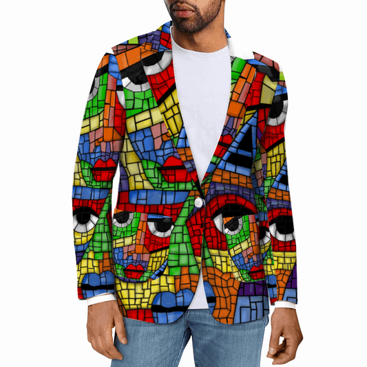 Rogue & Co. Men's Casual Blazer- The Picasso featuring vibrant mosaic-style pattern with abstract faces in bold colors. Stylish man wearing white t-shirt and jeans modeling the eye-catching artistic blazer against a plain background.