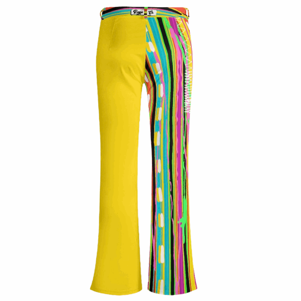 Yellow & Candy Stripe Mismatched Flare Pants featuring a vibrant design with solid yellow on one leg and multicolored vertical candy stripes on the other. High-waisted silhouette with butt-lifting effect and flared legs for a retro-inspired look. Women's Collection, Flared Pants, Flared Pants - Mismatched.