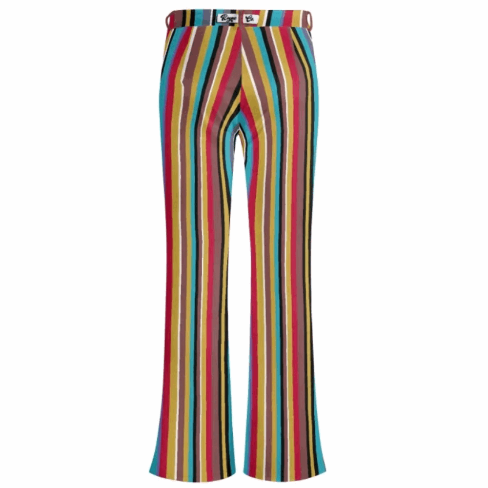 ShitHot Women's Butt Lifting Flare Pants featuring vibrant vertical multicolor stripes in turquoise, red, yellow, and black. High-waisted design with flared legs and front pockets. Perfect for Women's Collection, ShitHot Best Sellers, Women's Pants, Flared Pants.