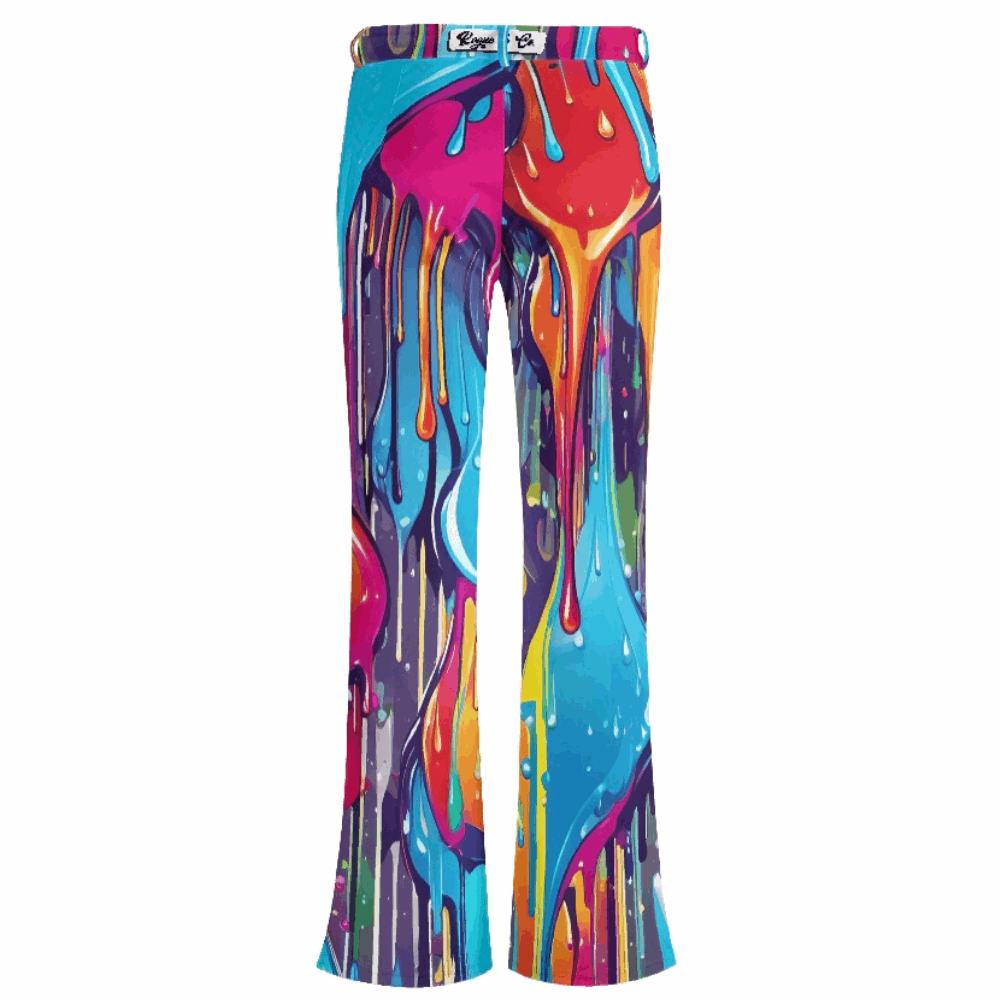 The Dali Butt Lifting Flare Pants featuring vibrant dripping paint design in turquoise, pink, purple, and orange colors. High-waisted flare-leg style with artistic melting pattern. Women's Collection, ShitHot Best Sellers, Women's Pants, Flared Pants.