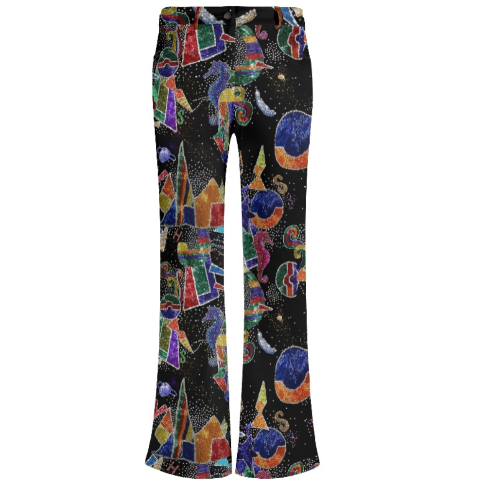 ShitHot Women's Butt Lifting Flare Pants - The Jester featuring vibrant multicolored cosmic pattern with seahorses, stars, and geometric shapes on black background. Flared leg design with high waist. Women's Collection, ShitHot Best Sellers, Women's Pants, Flared Pants.