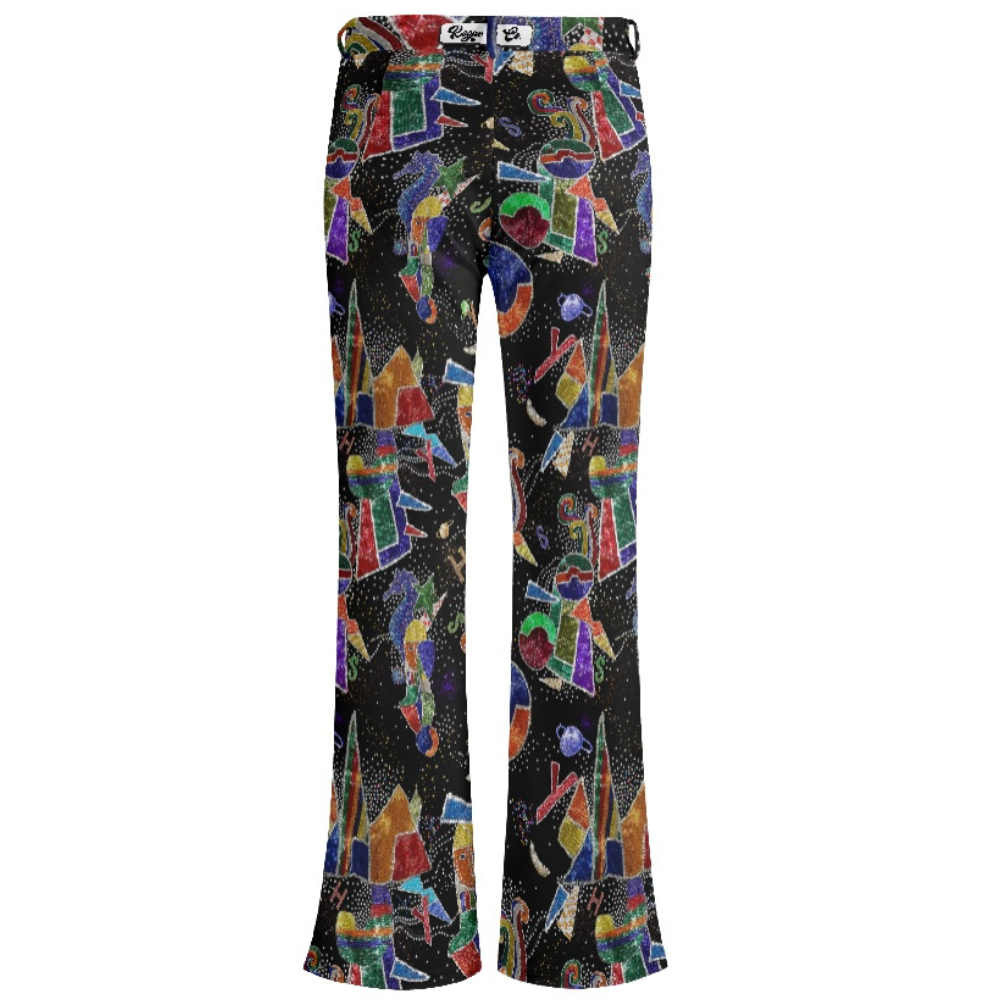 ShitHot Women's Butt Lifting Flare Pants - The Jester featuring vibrant multicolored abstract pattern with seahorses, stars, and geometric shapes on black background. High-waisted design with front pockets and flared legs. Women's Collection, ShitHot Best Sellers, Women's Pants, Flared Pants.