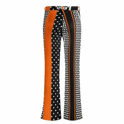 ShitHot Women's Butt Lifting Flare Pants featuring stylish black and white polka dot pattern with bold orange sunset stripe, high-waisted design with front pockets and flared legs, from Women's Collection, ShitHot Best Sellers, Women's Pants