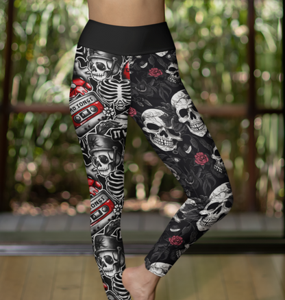 High Waisted Mismatch Core FX Mismatch Leggings - Emo Skulls featuring contrasting black and grey skull patterns with red rose accents, high waistband, and form-fitting design. Each leg displays different gothic-inspired prints creating an edgy asymmetrical look perfect for workouts or casual wear.