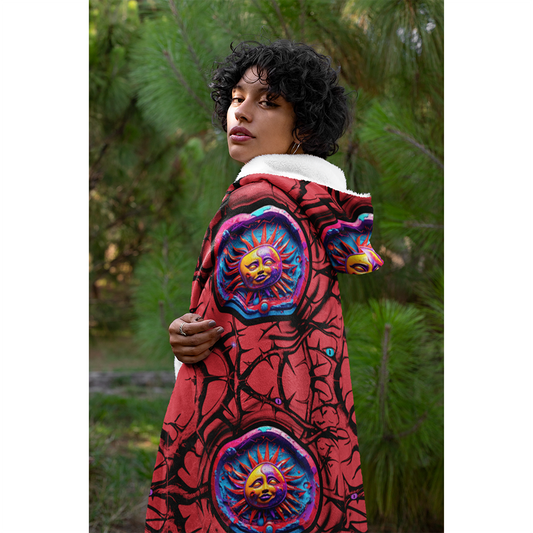 Hooded Blanket - Lunar Anarchy featuring vibrant red fabric with abstract black patterns and colorful celestial sun medallion designs, shown draped as outerwear against natural pine background, highlighting sherpa-lined hood detail and cozy fleece material