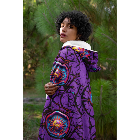 Cozy purple hooded blanket with vibrant sun and vine design, featuring colorful mandala patterns and plush fleece lining, shown outdoors against natural greenery - Luna Anarchy Purple Hooded Blanket 60x50