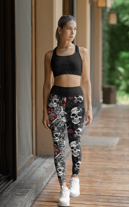 High Waisted Mismatch Core FX Mismatch Leggings - Emo Skulls shown in athletic wear setting, featuring black and white skull pattern with red rose accents, paired with black sports bra and white sneakers. Leggings display high-waisted fit and form-fitting design on wooden porch backdrop.